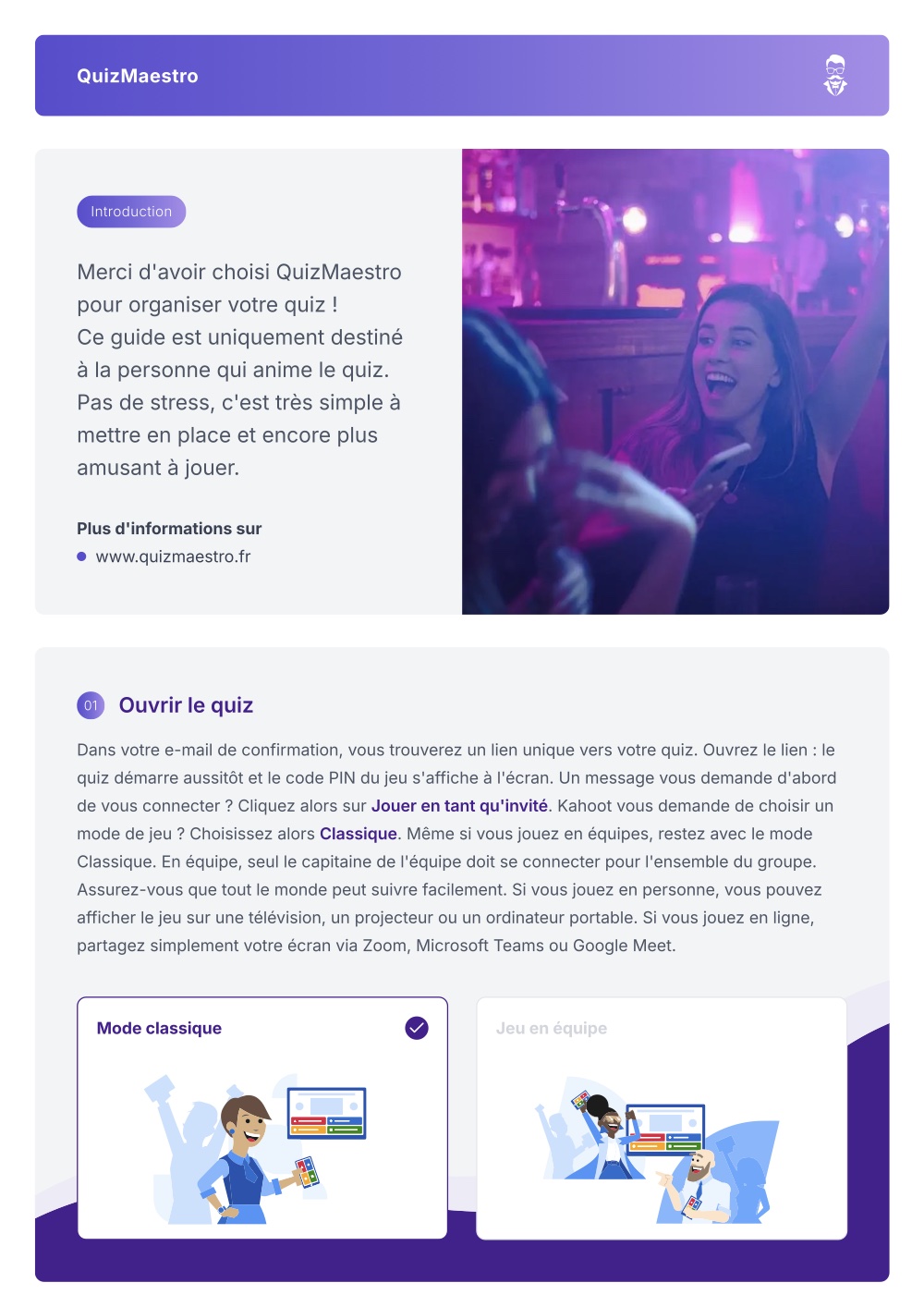 Page des instructions pour l'animateur du quiz